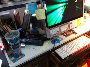 You can see how a hairbrush might go missing on my desk.